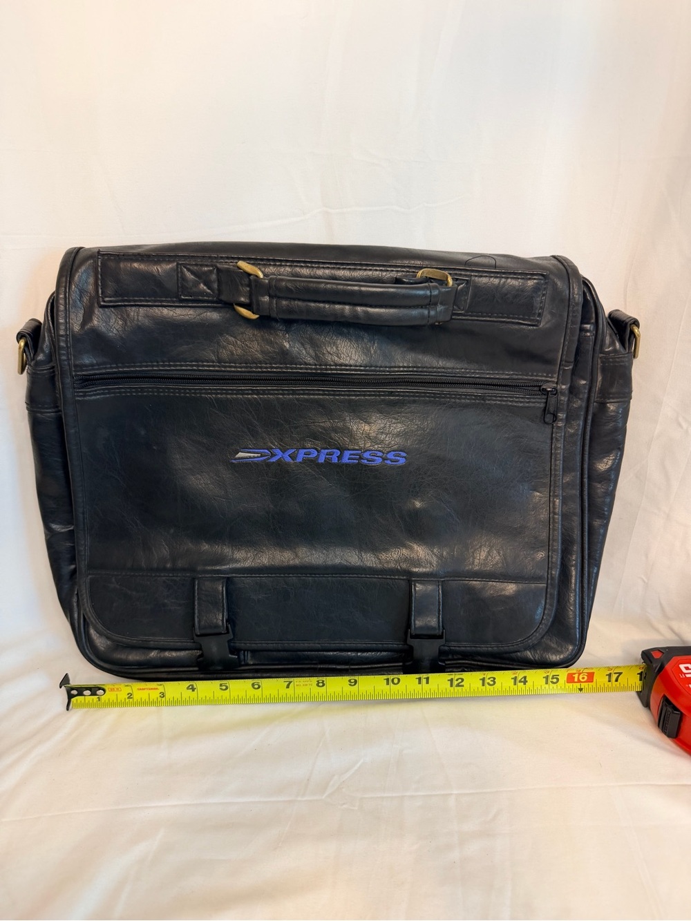 Black Leather Laptop Messenger Bag with Blue Logo
